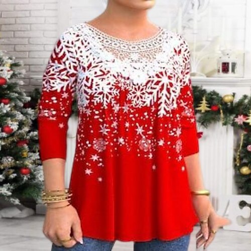 

Women's Plus Size Christmas Tops T shirt Tee Snowflake Lace Print Long Sleeve Casual Festival Daily Polyester Winter Fall Dark Red Red