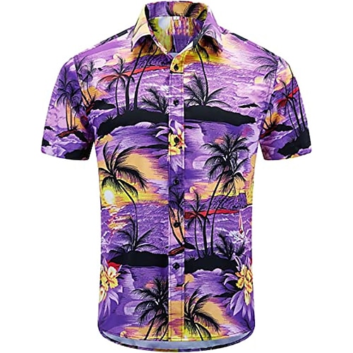 

Men's Shirt Coconut Tree Graphic Prints Turndown Green Purple 3D Print Outdoor Street Short Sleeves Button-Down Print Clothing Apparel Tropical Designer Casual Hawaiian