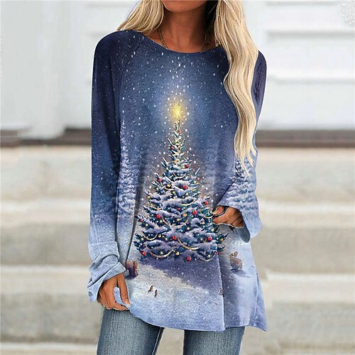 

Women's Casual Dress T Shirt Dress Tee Dress Shift Dress Mini Dress Black Blue Purple Long Sleeve Christmas Tree Print Winter Fall Spring Crew Neck Fashion Christmas Daily 2022 XS S M L XL XXL 3XL