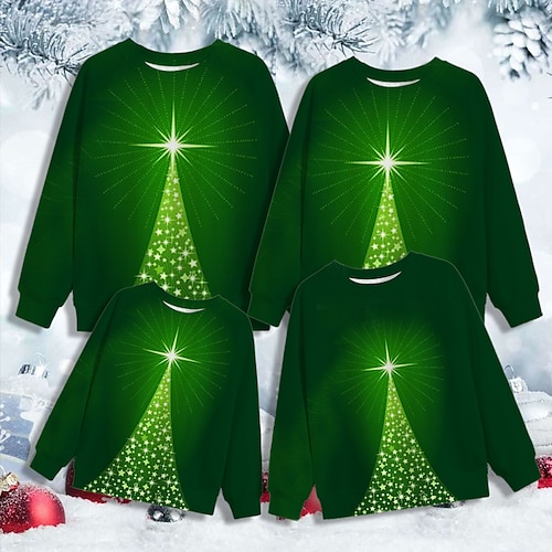 

Family Christmas Sweatshirt Christmas Tree Casual Crewneck Green Long Sleeve Adorable Matching Outfits
