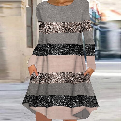 

Women's Casual Dress T Shirt Dress Tee Dress Shift Dress Mini Dress Gray Long Sleeve Striped Pocket Winter Fall Spring Crew Neck Fashion Daily 2022 S M L XL XXL 3XL