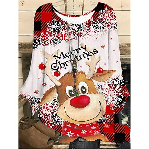 

Women's Plus Size Christmas Tops Blouse Shirt Letter Deer Print Long Sleeve Crew Neck Casual Festival Daily Polyester Winter Fall Black Wine