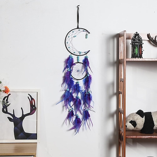 

Moon Dream Catcher Handmade Gift Feather Hook Flower Wind Chime with Two Circles Ornament Wall Hanging Decor Art Boho Style 17x67cm/7''x26''