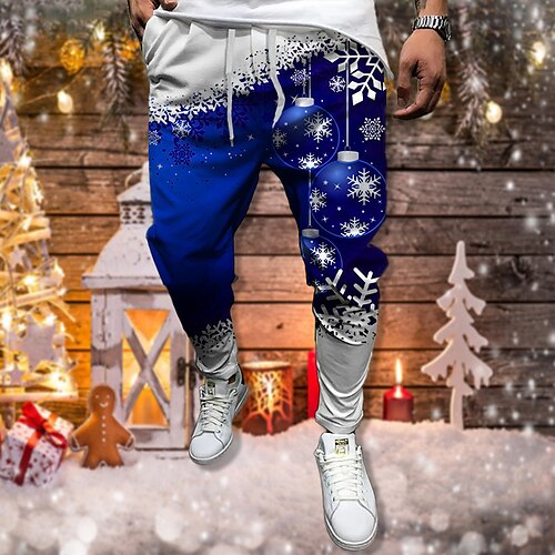 

Men's Christmas Pants Joggers Trousers Casual Pants Drawstring Elastic Waist 3D Print Graphic Prints Snowflake Comfort Christmas Casual Daily Basic Fashion Green Blue Micro-elastic