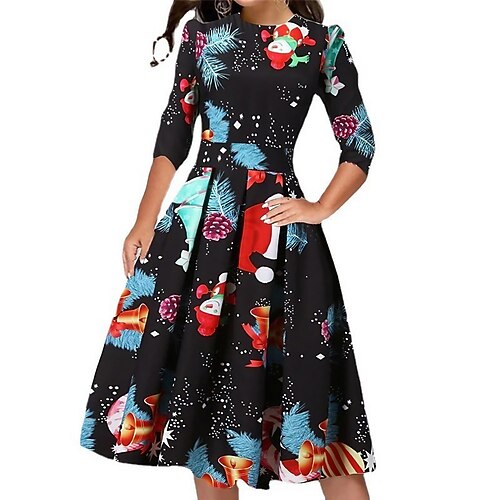 

Women's Christmas Casual Dress Swing Dress Midi Dress Black Blue Wine 3/4 Length Sleeve Elk Print Winter Fall Autumn Crew Neck 2022 S M L XL 2XL 3XL