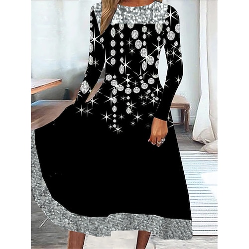 

Women's Casual Dress Swing Dress Midi Dress Black Long Sleeve Stars and Stripes Pocket Winter Fall Spring Crew Neck Fashion Christmas Daily Weekend 2022 S M L XL XXL 3XL