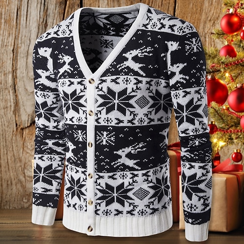 

Men's Sweater Ugly Christmas Sweater Cardigan Sweater Ribbed Knit Tunic Knitted Color Block V Neck Warm Ups Modern Contemporary Christmas Daily Wear Clothing Apparel Winter Spring & Fall Black M L XL