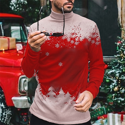 

Men's T shirt Tee Graphic Snowflake Turtleneck Red 3D Print Outdoor Christmas Long Sleeve Print Clothing Apparel Basic Streetwear Designer Comfortable