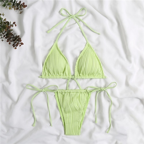 

Mulheres Roupa de Banho Tankini 2 partes Normal roupa de banho Sem costas Corda Cor imaculada Verde Claro Camelo Nadador Decote em V-wire Fatos de banho Sensual Férias Moda