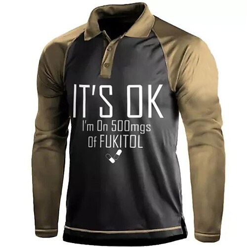 

Men's Collar Polo Shirt Golf Shirt Letter Graphic Prints Turndown Khaki Gray 3D Print Outdoor Street Long Sleeve Button-Down Print Clothing Apparel Fashion Casual Soft Breathable