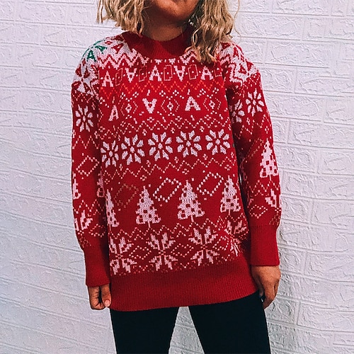 

Women's Ugly Christmas Sweater Pullover Sweater Jumper Ribbed Knit Knitted Christmas Tree Crew Neck Stylish Casual Outdoor Christmas Winter Fall Red White S M L