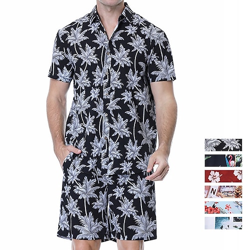 

Men's Shirt Suits Summer Hawaiian Shirt Floral Tree Letter Flamingo Pineapple Turndown Black Blue Pink Red Navy Blue Daily Holiday Short Sleeve Button-Down Print Clothing Apparel 2pcs Cool Casual