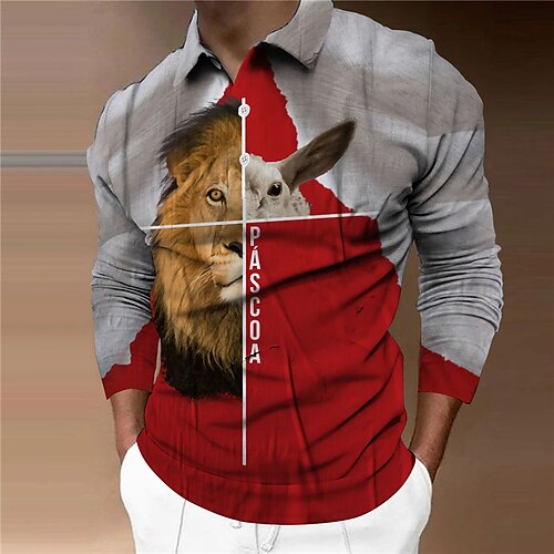 

Men's Collar Polo Shirt Golf Shirt Animal Letter Lion Graphic Prints Turndown Green Red 3D Print Outdoor Street Long Sleeve Button-Down Print Clothing Apparel Fashion Designer Casual Soft