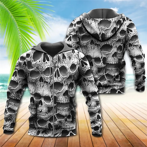 

Homme Sweat à capuche zippé Veste Gris Capuche Crânes Imprimés Photos Zippé Imprimer Sport Loisir du quotidien Des sports 3D effet Vêtement de rue Design Casual Printemps Automne Vêtement Tenue