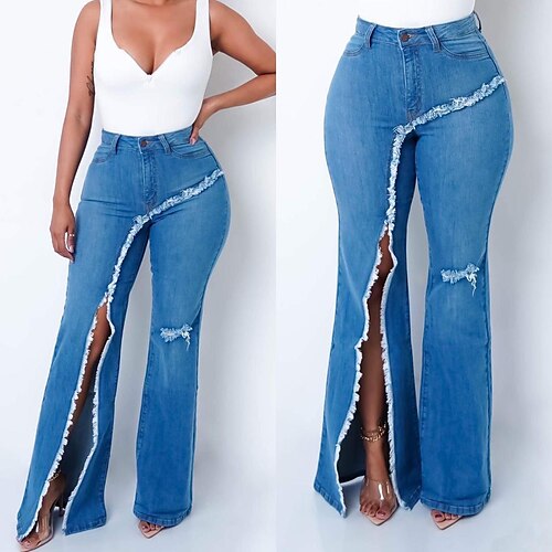 

Dame Jeans Bootcut Blus Flared bukser Bomuld Blå Høj Talje Gade Afslappet Lounge I-byen-tøj Afslappet / Hverdag Delt Ribbet Elastisk Fuld længde Udendørs Ensfarvet S M L XL 2XL