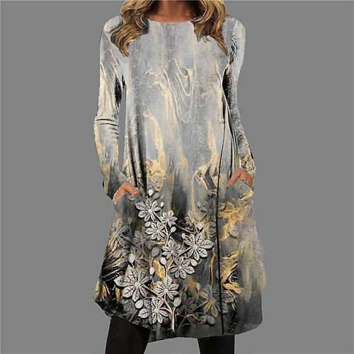 

Women's Casual Dress T Shirt Dress Tee Dress Shift Dress Mini Dress Green Blue Yellow Long Sleeve Floral Pocket Winter Fall Spring Crew Neck Basic Winter Dress Daily Fall Dress 2022 S M L XL XXL 3XL