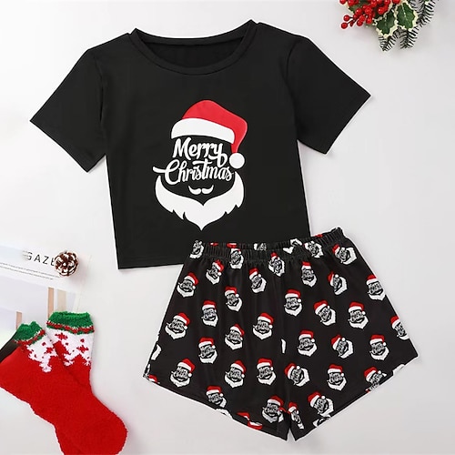 

Women's Christmas Loungewear Sets Letter Santa Claus Simple Casual Comfort Home Christmas Daily 0Breathable Crew Neck Short Sleeve T shirt Tee Shorts Winter Fall Black Red