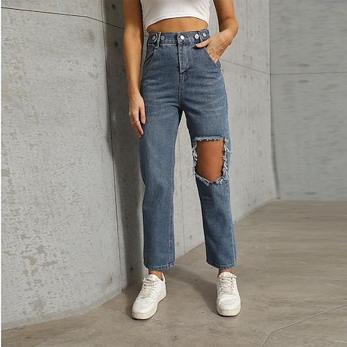 

Women's Jeans Distressed Jeans Denim Navy Fashion Casual Daily Side Pockets Full Length Comfort Plain S M L XL