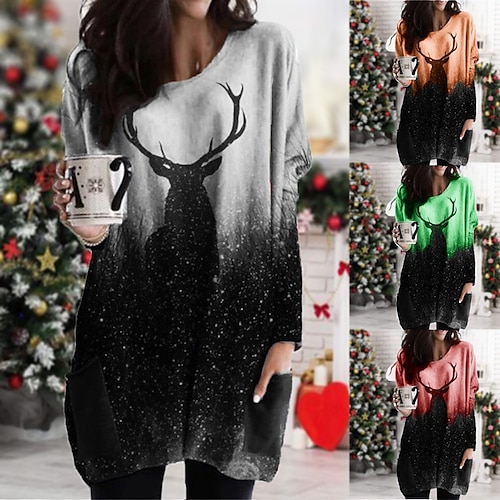 

Women's Christmas Casual Dress T Shirt Dress Tee Dress Short Mini Dress Green Orange Red Gray Long Sleeve Elk Color Gradient Pocket Fall Winter Crew Neck Casual 2022 S M L XL XXL 3XL 4XL 5XL