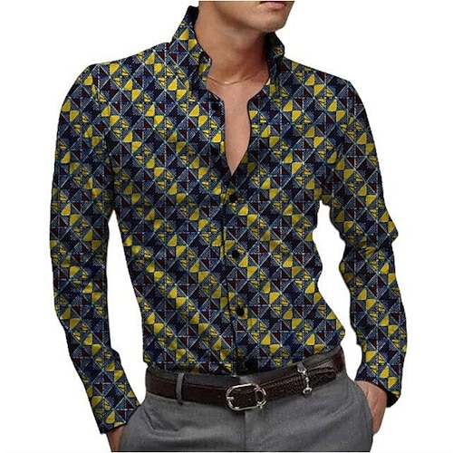

Men's Shirt Abstract Graphic Prints Geometry Turndown Yellow Navy Blue 3D Print Outdoor Street Long Sleeve Button-Down Print Clothing Apparel Fashion Designer Casual Soft