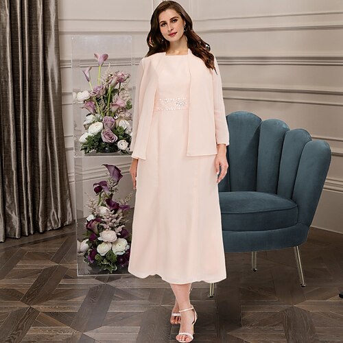 

Two Piece A-Line Plus Size Curve Mother of the Bride Dresses Elegant Dress Formal Ankle Length Half Sleeve Jewel Neck Chiffon with Beading 2022