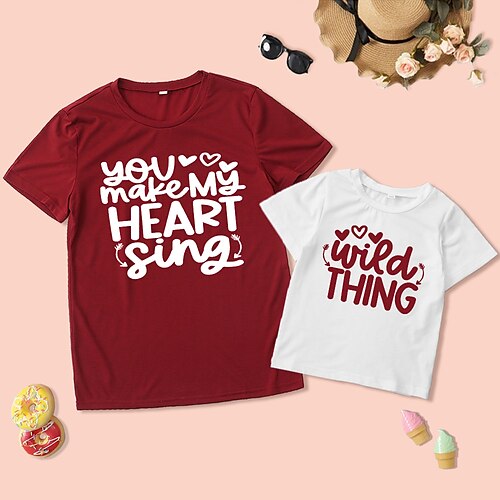 

Mommy and Me Valentines T shirt Graphic Heart Letter Casual Crewneck Multicolor Short Sleeve Cute Matching Outfits