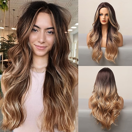 

blond brun ombre bølget kropp bølget parykk hår for kvinner dame jente midtdel med sidesmell mørk 26 tommer varmebestandig syntetisk naturlig parykk daglig når som helst cosplay fest