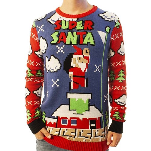

Men's Sweater Ugly Christmas Sweater Pullover Sweater Jumper Ribbed Knit Cropped Knitted Cartoon Crew Neck Keep Warm Modern Contemporary Christmas Work Clothing Apparel Fall & Winter Blue S M L