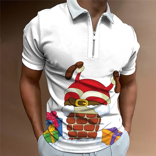 

Men's Collar Polo Shirt Golf Shirt Santa Claus Graphic Prints Turndown White 3D Print Christmas Street Short Sleeves Zipper Print Clothing Apparel Fashion Designer Casual Breathable
