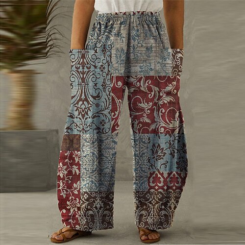 

Women's Plus Size Wide Leg Pants Trousers Pocket Print Flower Vintage Ethnic Outdoor Daily High Full Length Winter Fall Blue XL XXL 3XL 4XL 5XL
