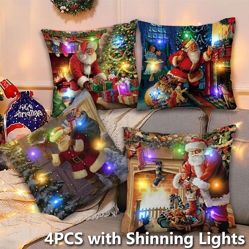 

Christmas LED Lights Cushion Cover 4PC Snowman Soft Decorative Square Cushion Case Pillowcase for Bedroom Livingroom Sofa Couch Chair Superior Quality Machine Washable