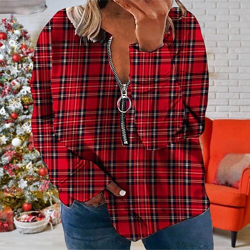 

Women's Plus Size Christmas Tops Pullover Sweatshirt Hoodie Sweatshirt Plaid Sunflower Zipper Print Long Sleeve Round Neck Casual Festival Daily Polyester Fall Winter Yellow Red