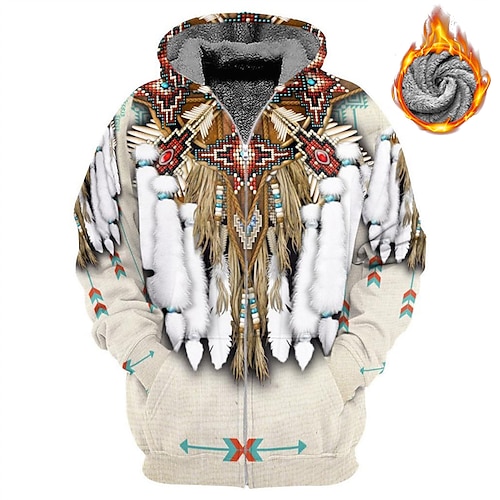 

Men's Fleece Jacket Full Zip Hoodie Fleece Hoodie Sherpa Jacket Beige Hooded Tribal Graphic Prints Zipper Print Sports & Outdoor Daily Sports 3D Print Fleece Streetwear Designer Casual Winter