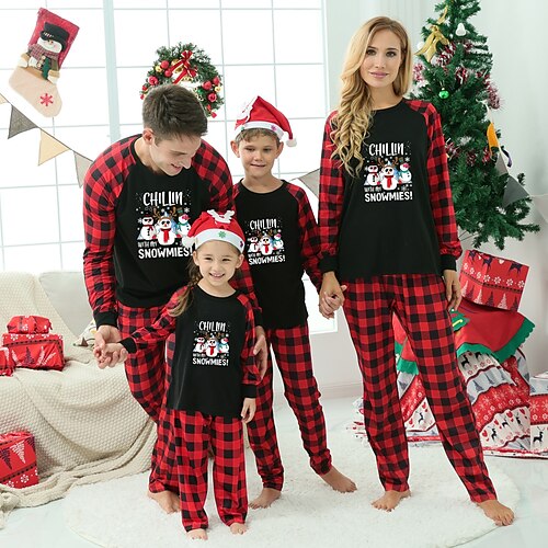 

Christmas Pajamas Family Plaid Letter Snowman Home Black Long Sleeve Basic Matching Outfits