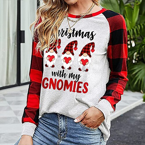 

Women's Sweatshirt Pullover Streetwear Black Gray White Plaid Gnome Christmas Round Neck Long Sleeve S M L XL 2XL