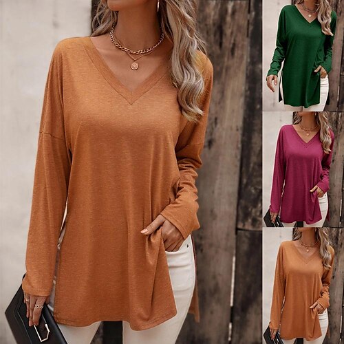 

Women's T shirt Tee Split Ends Solid / Plain Color Classic V Neck Regular Spring & Fall Orange Brown Green Rose Red