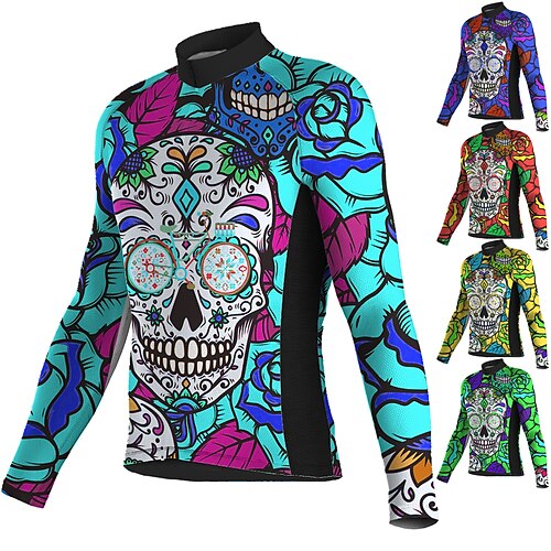 

21Grams Men's Cycling Jersey Long Sleeve Bike Jersey Top with 3 Rear Pockets Mountain Bike MTB Road Bike Cycling Breathable Quick Dry Moisture Wicking Reflective Strips Green Yellow Royal Blue Skull