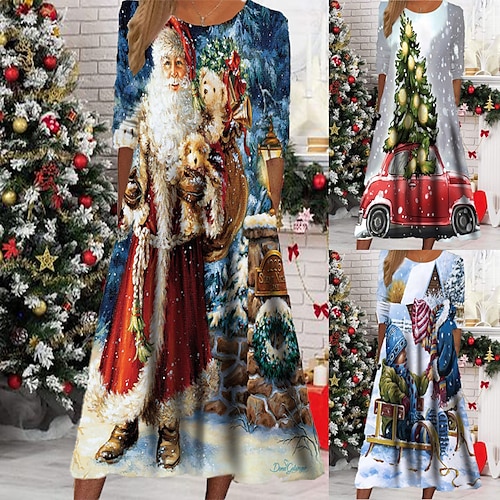 

Women's Christmas Casual Dress Swing Dress Midi Dress Red Light Blue Gray Long Sleeve Santa Claus Tree Pocket Print Fall Winter Round Neck Vacation Casual 2022 S M L XL XXL 3XL