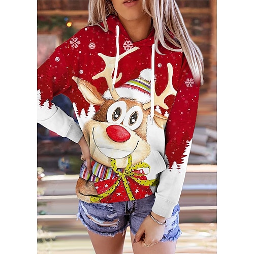 

Women's Hoodie Sweatshirt Pullover Streetwear Front Pocket Red Snowflake Reindeer Christmas Hoodie Long Sleeve S M L XL 2XL