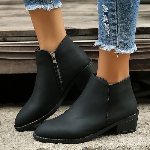 

Mulheres Botas Tamanhos Grandes Diário Botas Botas Tornozelo Inverno Ziper Salto Robusto Dedo Apontado Minimalismo Couro Sintético zíper Côr Sólida Preto Cáqui Bege