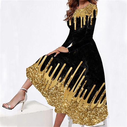 

Women's Casual Dress Swing Dress Midi Dress Gold Long Sleeve Ombre Pocket Winter Fall Spring Crew Neck Fashion Daily Weekend 2022 S M L XL XXL 3XL