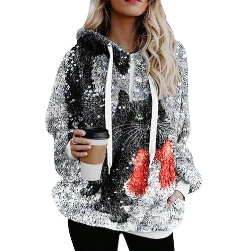 

Women's Sherpa jacket Fleece Jacket Teddy Coat Warm Breathable Christmas Street Daily Wear Vacation Zipper Pocket Print Pullover Hoodie Comfortable Plush Christmas Animal Regular Fit Outerwear Long