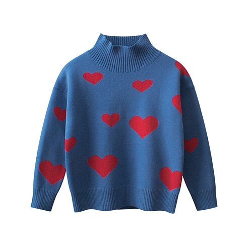 

Toddler Girls' Sweater Heart School Print Long Sleeve Crewneck Active 3-7 Years Winter Blue