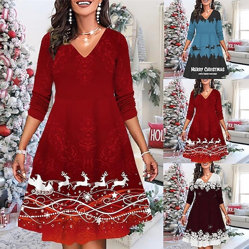 

Women's Christmas Casual Dress Shift Dress Mini Dress Black Blue Wine Long Sleeve Letter Elk Snowflake Print Winter Fall V Neck Vacation Casual 2022 XS S M L XL 2XL 3XL 4XL 5XL 6XL