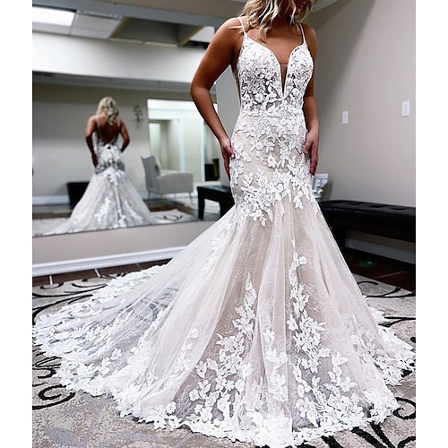 

Mermaid / Trumpet Wedding Dresses Spaghetti Strap Chapel Train Lace Tulle Sleeveless Romantic Sexy with Appliques 2022