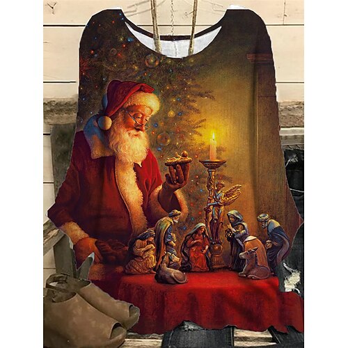 

Women's Plus Size Christmas Tops Blouse Shirt Santa Claus Portrait Print Long Sleeve Casual Festival Daily Polyester Winter Fall Blue Royal Blue