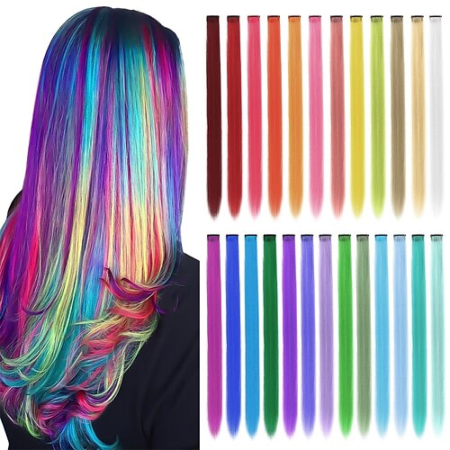 

50 pcs extensions de cheveux colorés arc-en-ciel met en évidence clip dans les extensions de cheveux synthétiques 20 pouces droites multi-couleurs synthétiques postiches