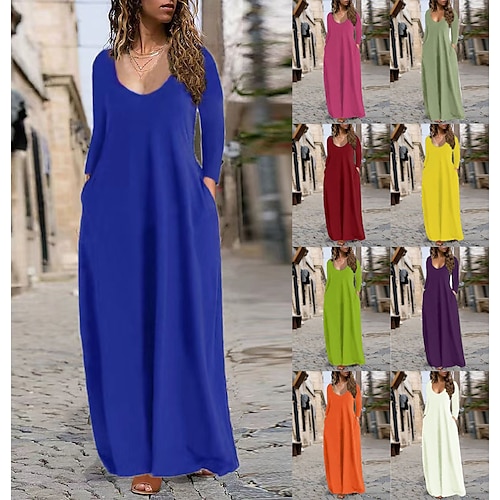 

Women's Shift Dress Long Dress Maxi Dress fluorescent green Black Blue Long Sleeve Pure Color Ruched Winter Fall Autumn Crew Neck Fall Dress 2022 S M L XL XXL XXXL 4XL 5XL