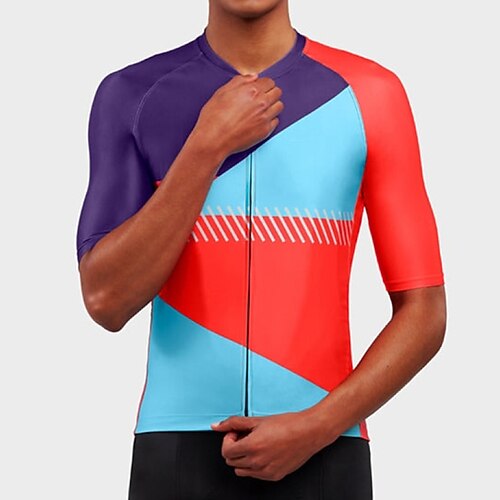 

Men's Cycling Jersey Short Sleeve Bike Top with 3 Rear Pockets Mountain Bike MTB Road Bike Cycling Breathable Quick Dry Moisture Wicking Reflective Strips Purple Color Block Spandex Sports Clothing