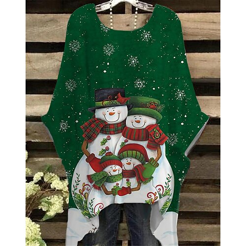 

Women's Plus Size Christmas Tops T shirt Tee Cat Santa Claus Print Half Sleeve Crew Neck Casual Festival Daily Cotton Spandex Jersey Winter Fall Green Blue